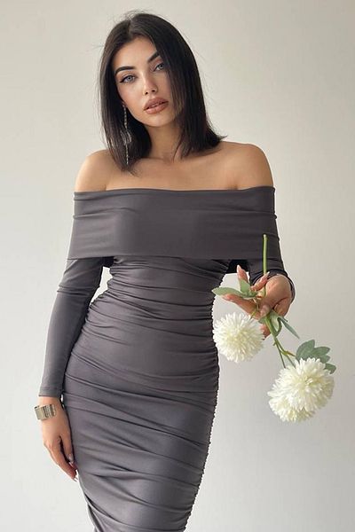 lovebox Flexible Sandy Fabric Midi Length Pencil Cut Strapless Collar Long Sleeve Anthracite Evening Dress 189