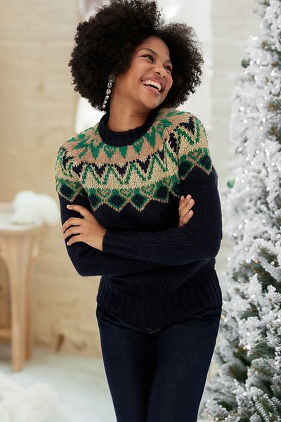 Trendyol Collection Dunkelmarinefarbener Oversize-Strickpullover mit Weihnachtsmuster und Glitzer TWOAW23KZ01580
