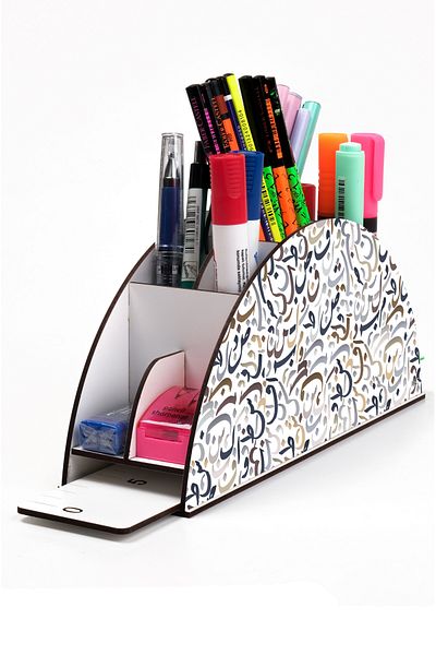 kutuTR Wooden VIP Islamic Rainbow Ruled Desktop Pen Holder Organizer with Assembled Box