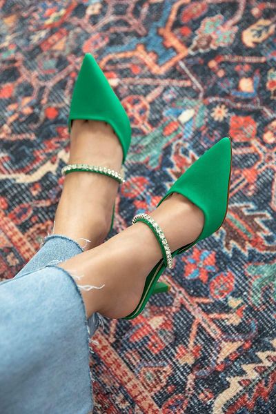 STRASWANS Berta Women's Heeled Stone Detail Fabric Sandals Green