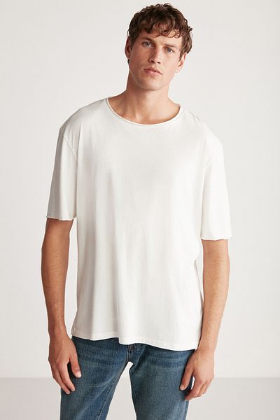 GRIMELANGE Ανδρικό μπλουζάκι Davınson Ανοιχτό γιακά Oversize Fit 100% βαμβακερό λευκό μπλουζάκι