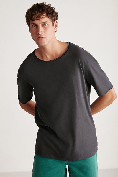 GRIMELANGE Ανδρικό μπλουζάκι Davınson με ανοιχτό γιακά Oversize Fit 100% βαμβακερό ανθρακί