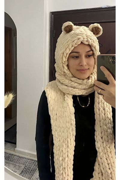 ÖRGÜCÜ DESİGN Puffy balaklava - combined scarf beret-bear balaklava