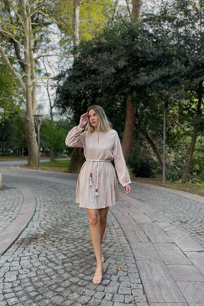 Seda Yalçın Atelier Beige Straw Belted Seersucker Dress