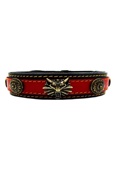 Tasma Market Red-Black Leather Dog Collar with Wolf Head