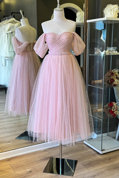 Lenta Moda Pudra Simli Drapeli Midi Boy Kemer Detaylı Transparan Abiye ve Gece Elbisesi