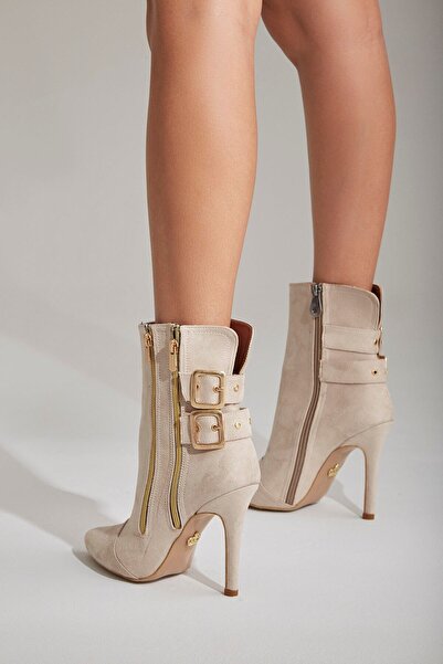 AYAKKABI PRENSİ Oasis Toka Detaylı Bot Ten Suet 10 Cm Kadın & Bootie, Topuklu