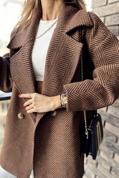 Suzi butik Hnědočerná barva Vzorovaný oversize Krátký kabát standardní velikosti s podšívkou