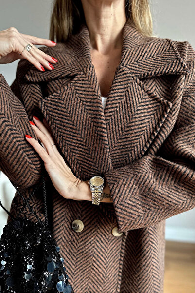 Suziş Καφέ Μαύρο Χρώμα Ψαροκόκκαλο Μοτίβο Oversize Standard Μέγεθος Κοντό παλτό με επένδυση