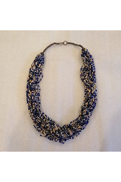 Butik Tülin Kadın otantik el yapımı kum boncuk lacivert beyaz mavi bambu bej ...