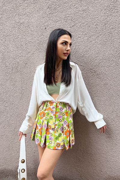 Seda Yalçın Atelier Colorful Floral Patterned Pleated Mini Skirt