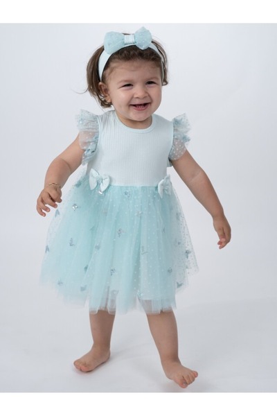 DIDuStore Serkon Yeşil Şık Prenses Tül Bebek Elbisesi - Zarif Tonları
