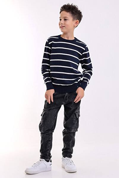 Matte VENICE BOY'S NAVY BLUE BICYCLE COLLAR STRIPED KNITWEAR SWEATER