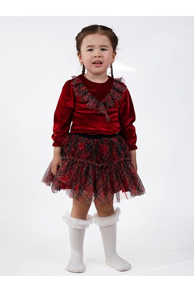 DIDuStore Serkon Classic Plaid Patterned Girl's Dress and Velvet Top Set