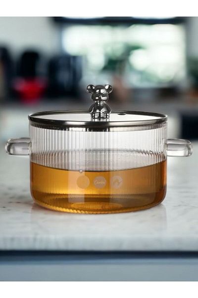 Akkoyunlu home Figured Heat Resistant Steel Lid Striped Glass Pot Soup, Salad Pot 1.7L