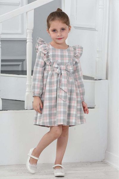 MİNİKO KİDS CHRISTMAS THEMED PLAID MODEL LONG SLEEVE DRESS WITH BOW