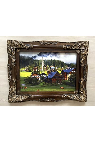 SANAT TACİRİ 89X70CM YAYLA EVİ TEMALI HALI AHŞAP ÇERÇEVELİ DOKUMA İRAN HALISI...