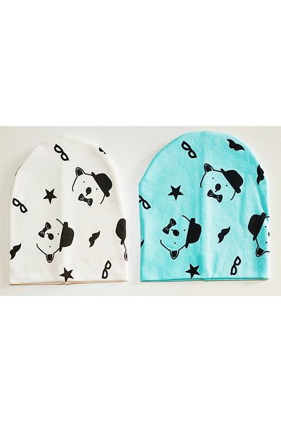 neocotton Double Layer Cotton Hat Bear Printed Set of 2 Combed Cotton Baby Kids Beanie