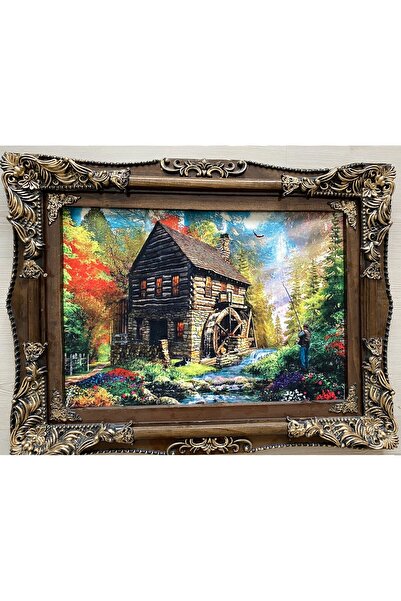 SANAT TACİRİ 85X67CM ORMAN EVİ DAĞ EVİ TEMALI HALI AHŞAP ÇERÇEVELİ DOKUMA İRA...