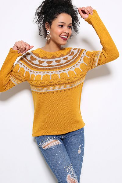 AVORWE Pulover tricotat cu mânecă lungă cu model etnic cu gât