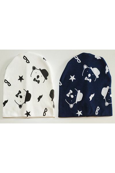 neocotton Double Layer Cotton Hat Bear Printed Set of 2 Combed Cotton Baby Kids Beanie