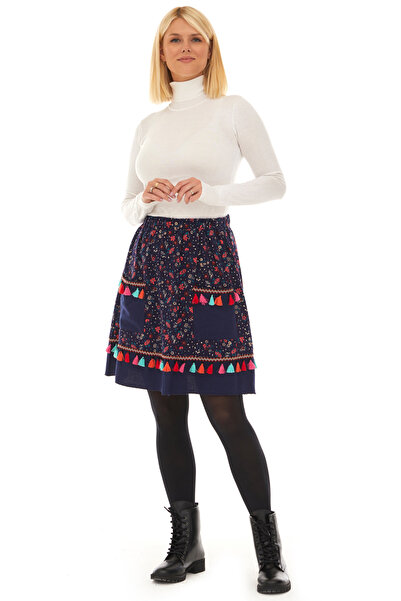 Newbutix Pazen Lacivert Çıtır Desen Püsküllü Etek