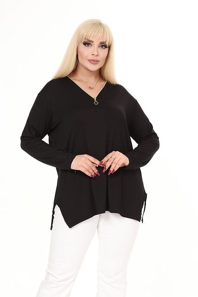 garajmood Black Collar Zipper Detailed Loose Plus Size Blouse