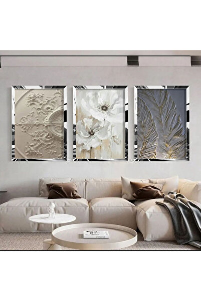 KOLAJTASARIM 3'lü Kombin Modern Gümüş Pleksili Çerçeveli Tablo Seti