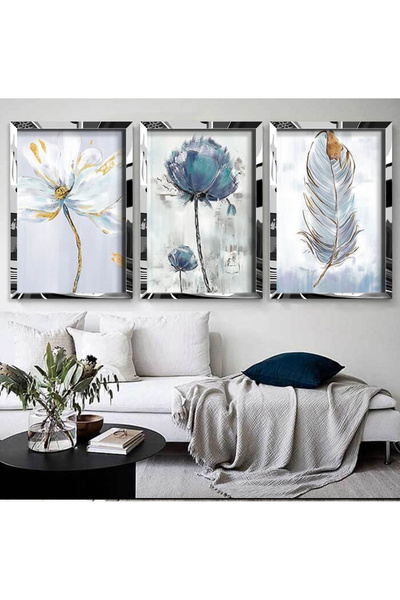 KOLAJTASARIM Yağlı Boya Esintileri: Çiçekler ve Kuş Tüyü Üçlü Gold Pleksi Tablo Seti