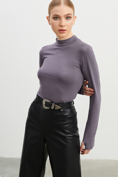 Yefrastore Women's Gray Finger Detailed Bodysuit