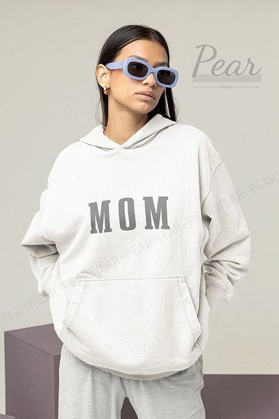 Pear Wear Hanorac oversize pentru mama cu glugă, cu 3 fire, cu imprimeu MOM, auriu roz