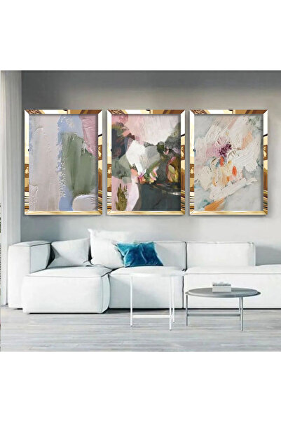 KOLAJTASARIM Soyut Renkli Detaylar Gold Pleksi 3'lü Çerçeveli Tablo Seti
