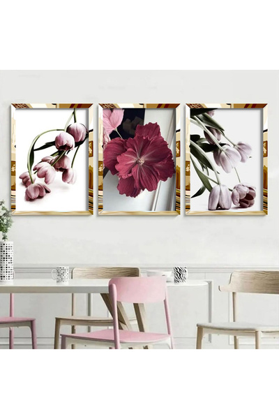 KOLAJTASARIM Kırmızı Japon Gülü ve Laleler Gold Pleksi 3'lü Çerçeveli Tablo Seti