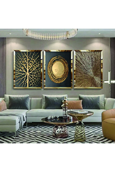 KOLAJTASARIM Soyut Altın Sanatı 3'lü Pleksi Tablo Seti