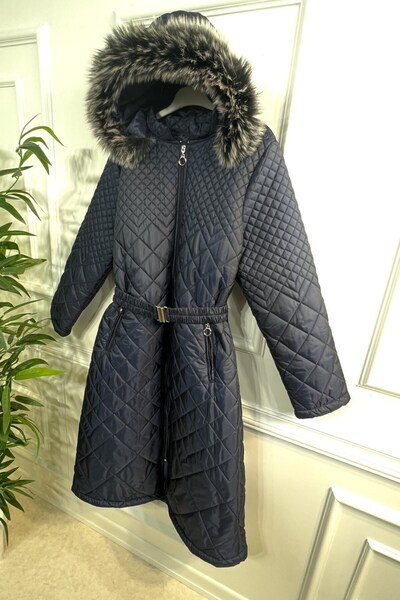 Aşkı Endam Large Size Ikra Hooded Three Dimension Quilted Puffer Coat - Navy Blue