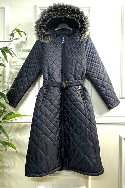 Aşkı Endam Μεγάλο μέγεθος Ikra Hooded Τρισδιάστατο καπιτονέ πουπουλένιο παλτό - Navy Blue