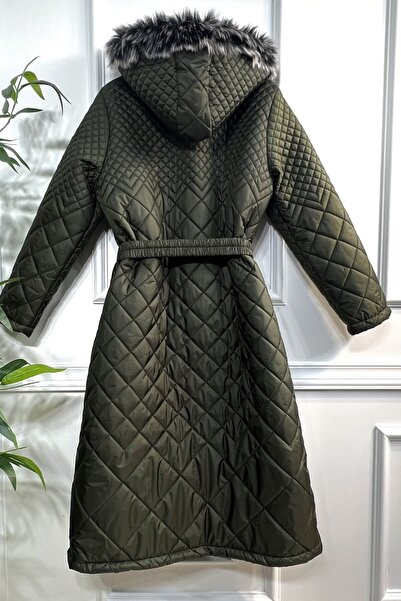 Aşkı Endam Large Size Ikra Hooded Three-Dimensional Quilted Puffer Coat - Khaki