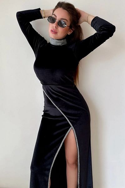 WOMAN VISION Women's Black Velvet Fabric Stand Collar Stone Printed Slit Detail Black Dress 062