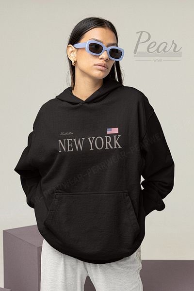 Pear Wear Дамски суитшърт с качулка и 3 нишки с щампа New York
