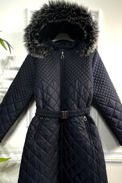 Aşkı Endam Large Size Ikra Hooded Three Dimension Quilted Puffer Coat - Navy Blue