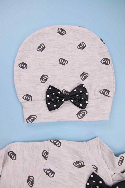 AMORE Lacivert Papyonlu Taş Işlemeli Taç Desenli Gri 3'lü Bebek Tulum Seti