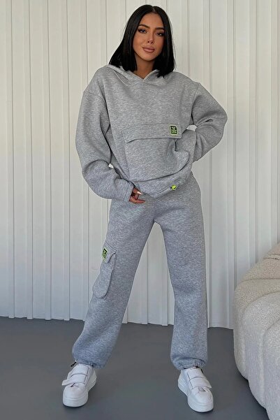 WOMAN VISION Női vastag háromszálas szövet hosszú ujjú kenguru zsebes szürke tréningruha szett 350
