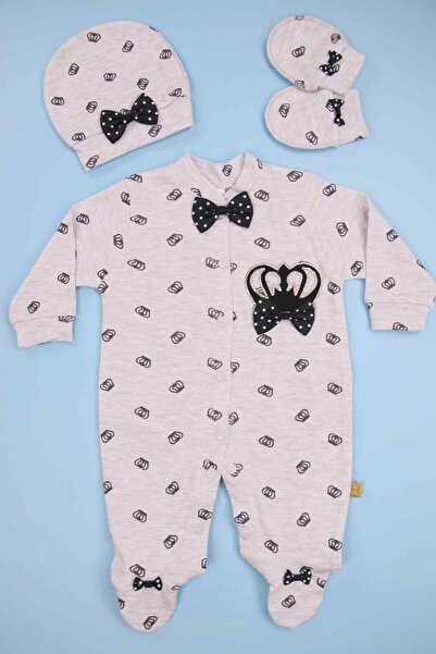 AMORE Lacivert Papyonlu Taş Işlemeli Taç Desenli Gri 3'lü Bebek Tulum Seti