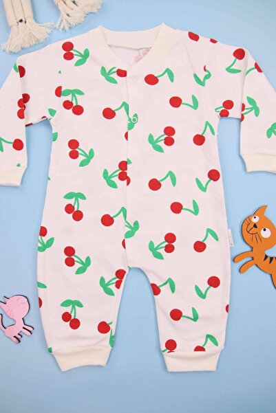Lindakids Kiraz Desenli Beyaz %100 Pamuk Manşetli ( Patiksiz) Bebek Tulum
