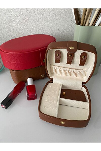 Hillshine Çıtçıtlı Yüksek Kalite Takı Organizer Kutusu - Kahverengi Takı Seyahat Çantası