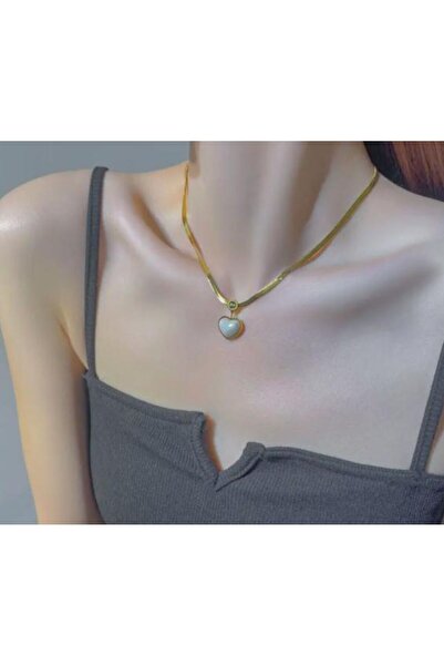 xesha Çelik italyan Zincirli Sedef Kalp Aşk Kolyesi Altın Kaplama Ezme Italya...