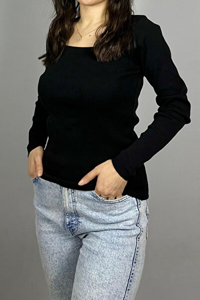 GLORLYN Siyah Kare Yaka Uzun Kol Triko