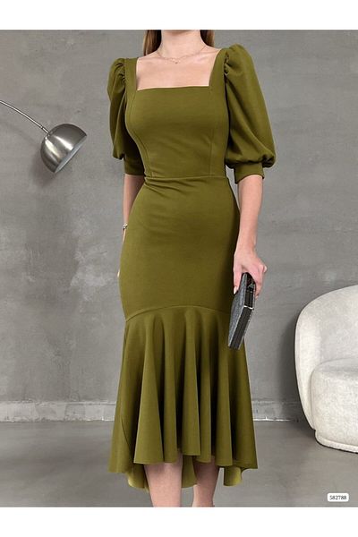 Varyete Princess Sleeve Skirt Flounce Square Neck Midi Length Crepe Fabric Evening Dress Wedding Engagement Promise Invitation