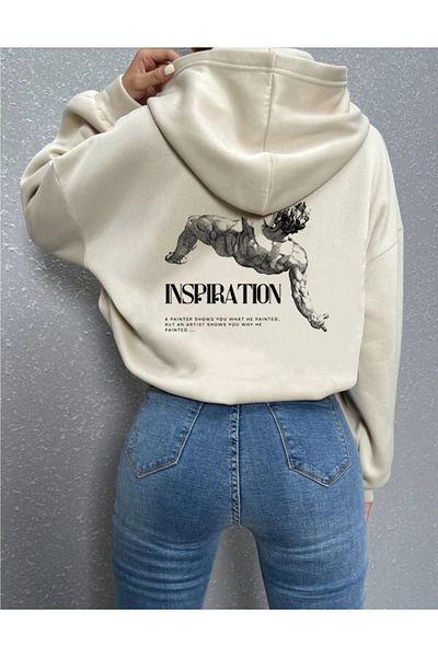 OFFSIDESIGN Unisex Μπεζ φούτερ με κουκούλα Inspiration Design Back Printed Unisex Oversize φούτερ