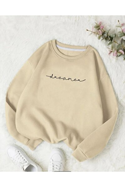 over head oh Hanorac de damă, bej, cu imprimeu Dreamer, cu decolteu rotund